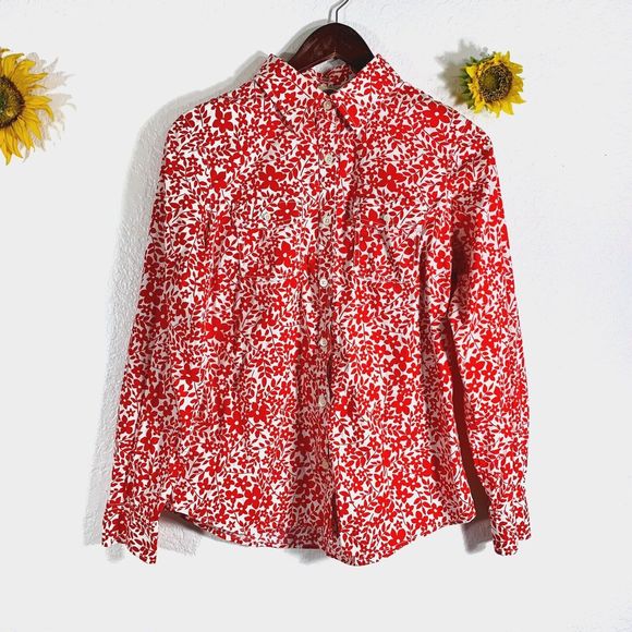 L.L. Bean Red White Floral Button Up Latch Sleeve Pocket Shirt Size Medium Reg - Picture 1 of 12